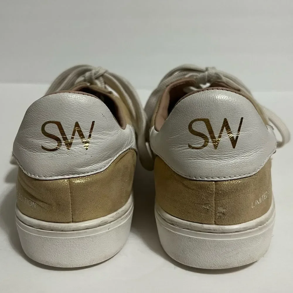 Stuart Weitzman Daryl Metallic Leather Sneakers Gold And White Size 7